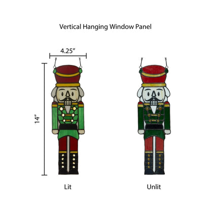 Hans the Holiday Nutcracker stained glass window panel by Country Christmas Loft, 14in tall red-green decor lit and unlit on Tampa Home & Garden Store