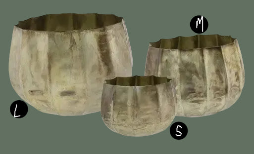 Cobblestone metal pot set of 3 in brass-gold finish by Thenestedfig sizes L/M/S on Tampa Home & Garden Store
