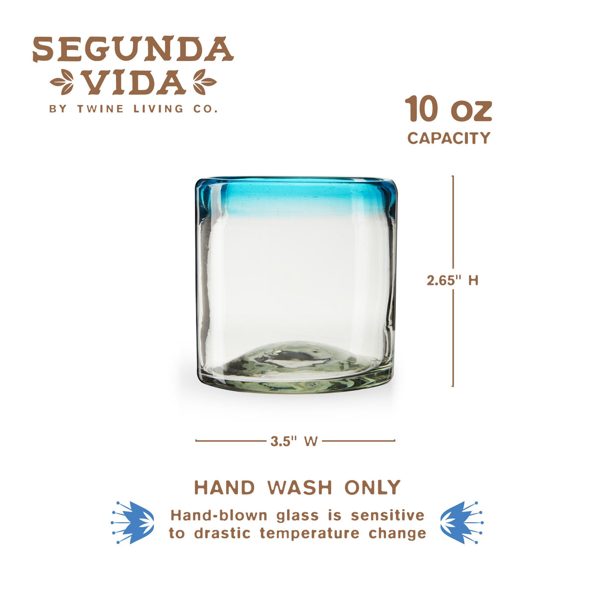 Segunda Vida Primavera Short Tumblers by Twine Living, blue rim glass, 10 oz capacity on Tampa Home & Garden Store