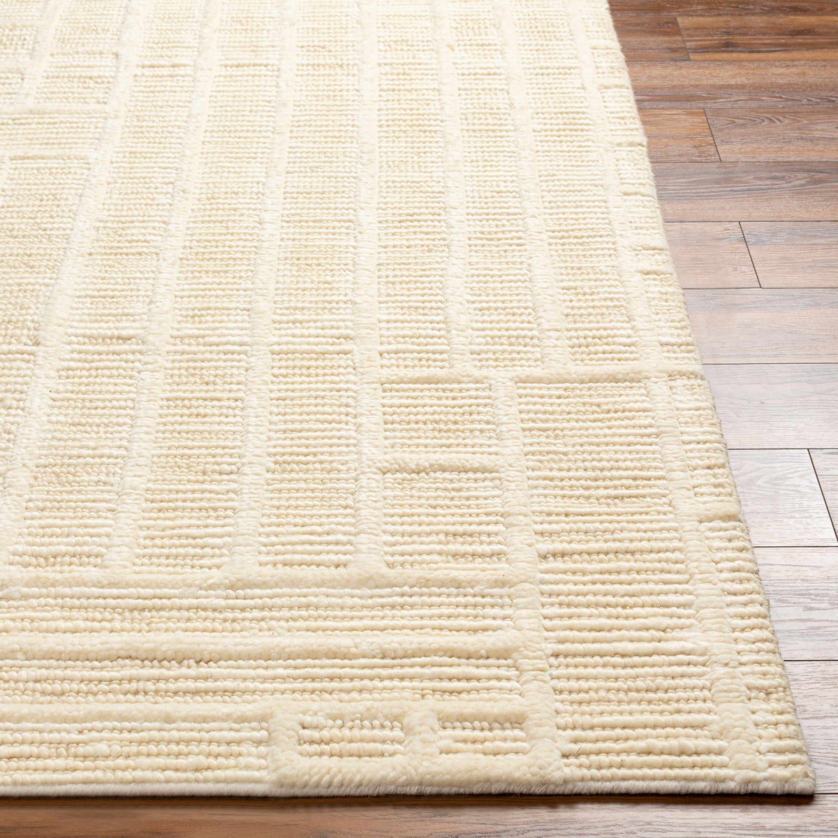 Kelburn Area Rug by Boutique Rugs, cream woven geometric pattern rug on wood floor on Tampa Home & Garden Store
