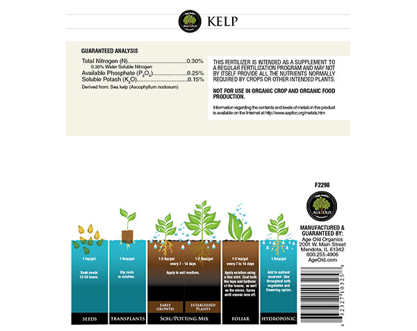 Liquid kelp fertilizer 0.3-0.25-0.15 by Rivendell Distribution with kelp emblem on Tampa Home & Garden Store