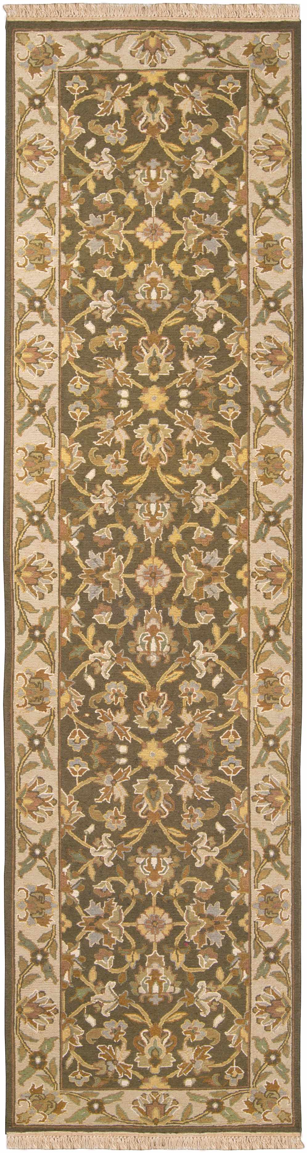 Kelseyville Area Rug by Boutique Rugs, olive green field with beige floral border and fringe on Tampa Home & Garden Store