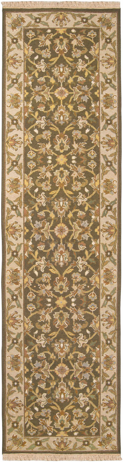 Kelseyville Area Rug by Boutique Rugs, olive green field with beige floral border and fringe on Tampa Home & Garden Store