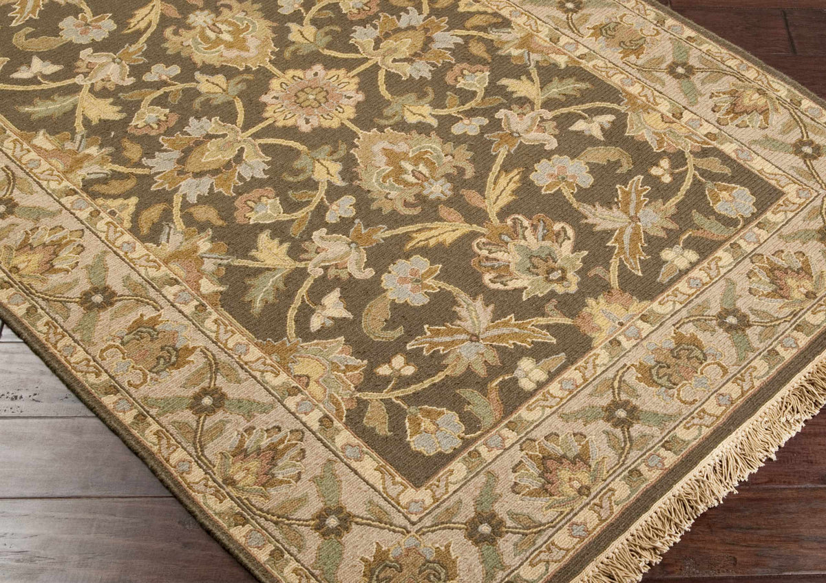 Kelseyville area rug by Boutique Rugs with olive and beige floral pattern and fringe border on Tampa Home & Garden Store