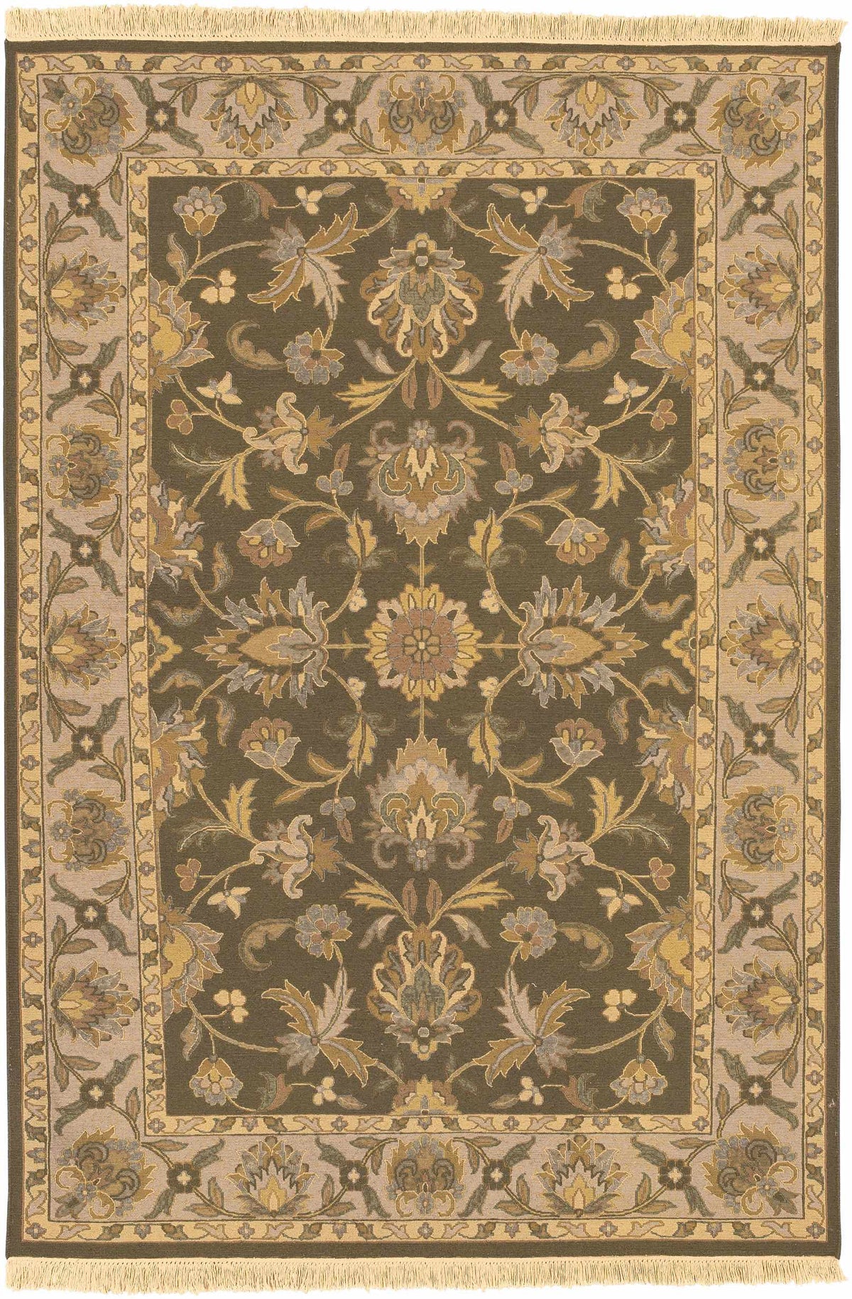 Kelseyville Area Rug by Boutique Rugs, brown field with gold beige floral motif and fringed ends on Tampa Home & Garden Store