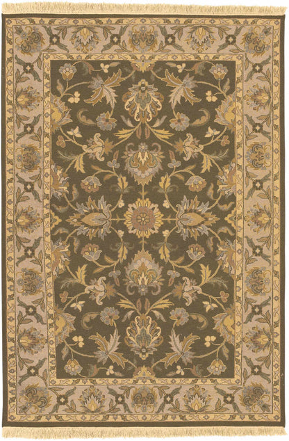 Kelseyville Area Rug by Boutique Rugs, brown field with gold beige floral motif and fringed ends on Tampa Home & Garden Store