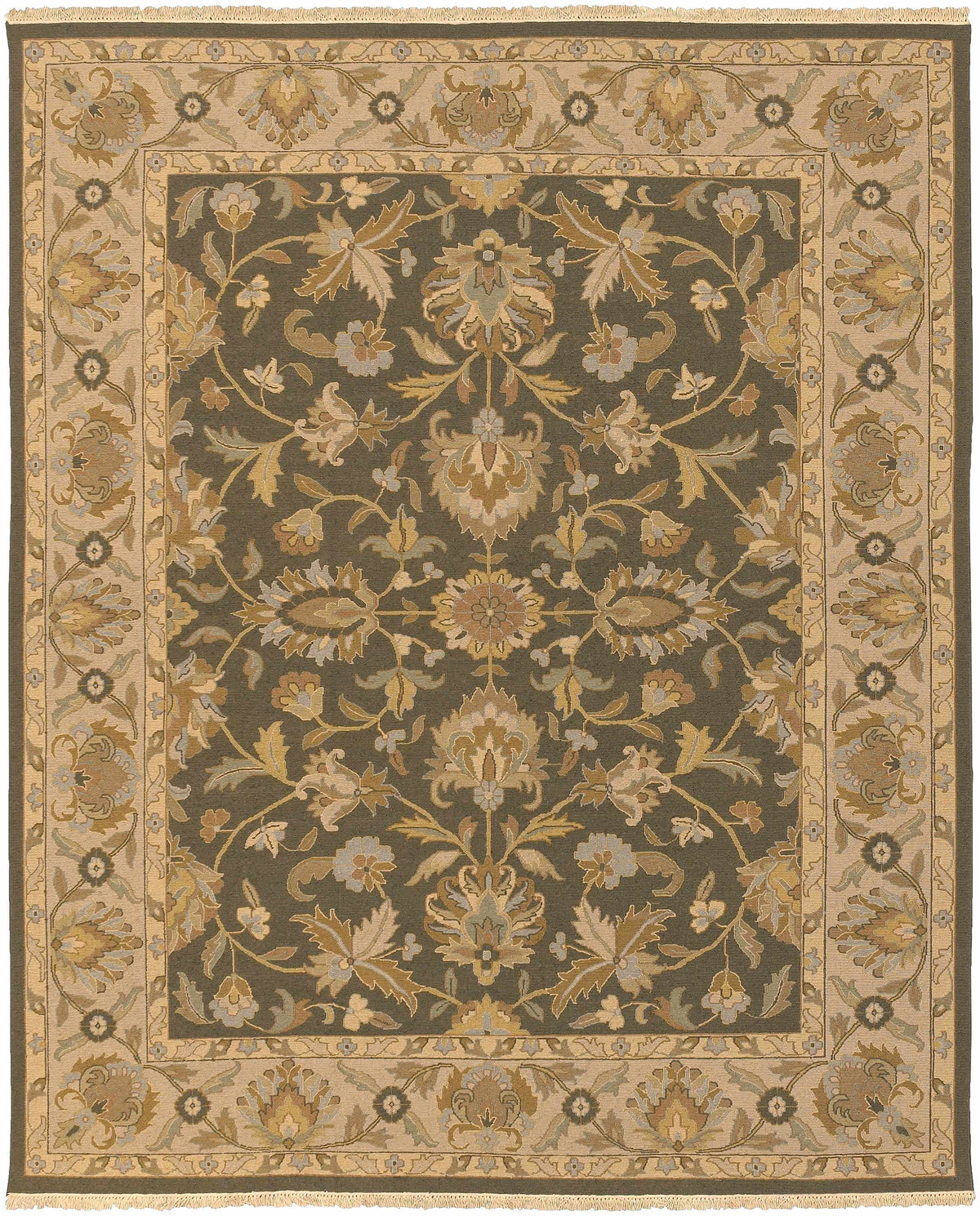 Kelseyville Area Rug by Boutique Rugs in olive gray with gold-beige florals and border on Tampa Home & Garden Store