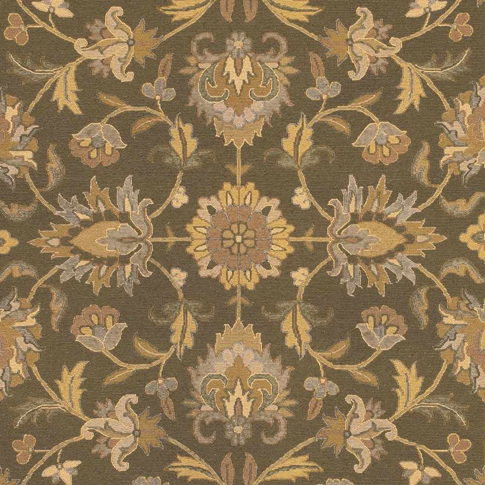 Kelseyville Area Rug by Boutique Rugs in olive and gold floral pattern on brown background on Tampa Home & Garden Store