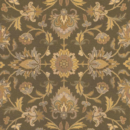 Kelseyville Area Rug by Boutique Rugs in olive and gold floral pattern on brown background on Tampa Home & Garden Store