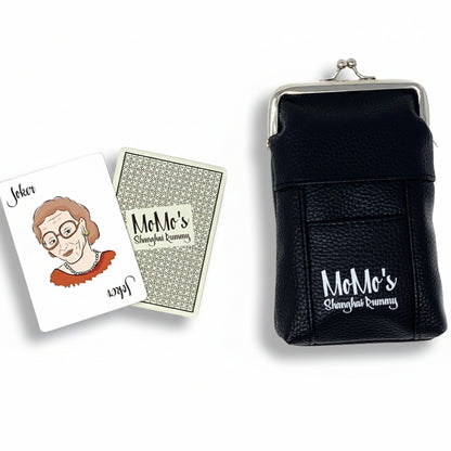 Black card case with 'MoMo's Shanghai Rummy' branding, next to Rummy playing cards on a white background.