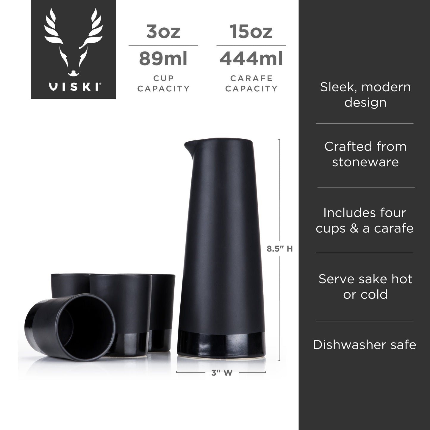 Four Black Stoneware Sake Tumblers and Carafe