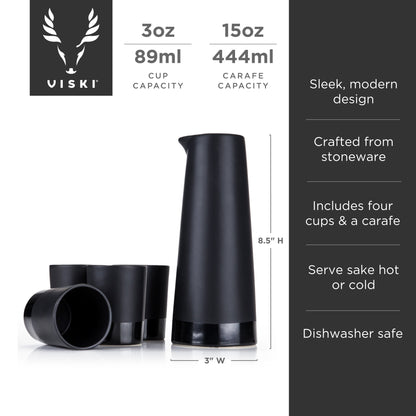 Four Black Stoneware Sake Tumblers and Carafe
