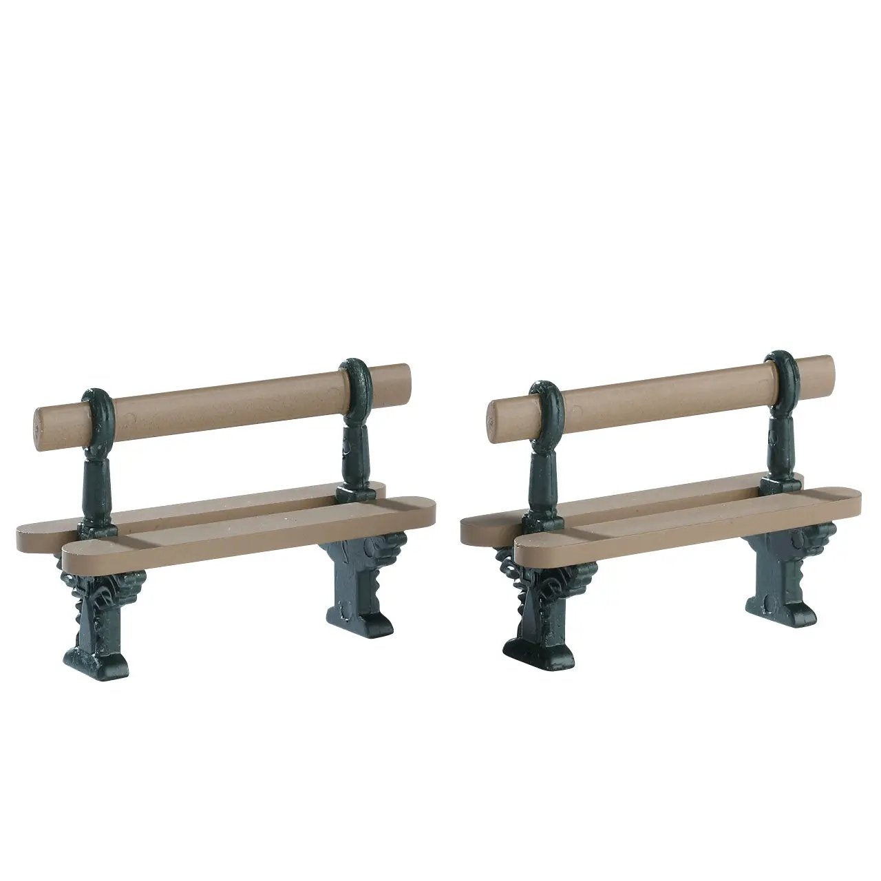 Two brown wooden double-seated village benches with dark green metal supports for village use on Tampa Home & Garden Store