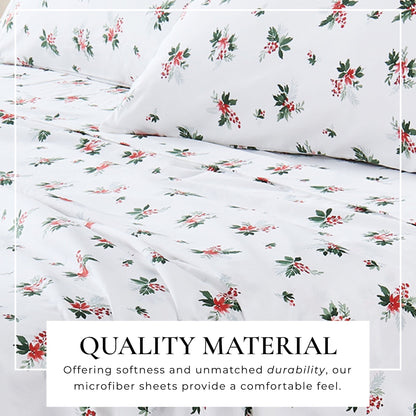 Printed Sheet Set Baylor Collection by Great Bay Home with white background and red floral print on Tampa Home & Garden Store
