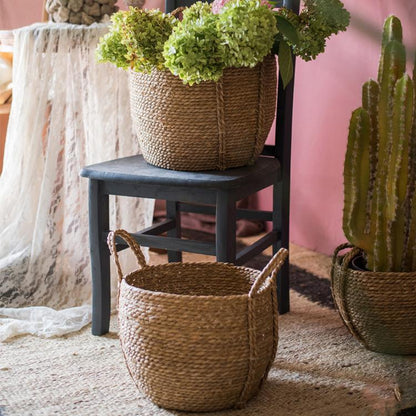 Khaki brown woven straw baskets with handles, two pieces by RusticReach on Tampa Home & Garden Store