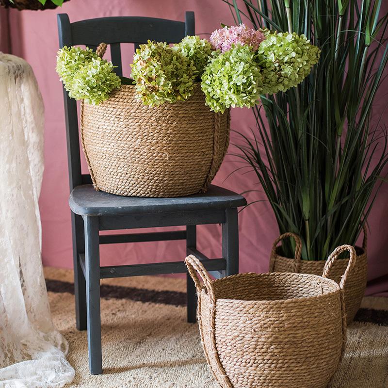 Khaki brown straw baskets with handles on a chair, hydrangea blooms RusticReach on Tampa Home & Garden Store