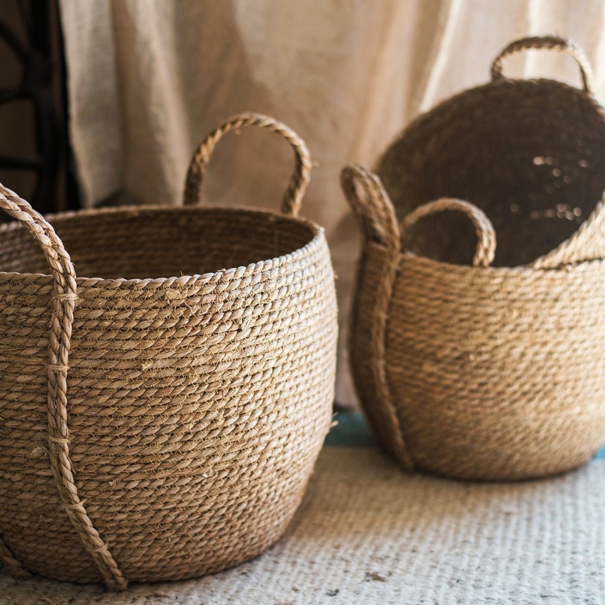 Khaki brown straw basket with handles, RusticReach, set of 3 woven natural-fiber baskets on Tampa Home & Garden Store