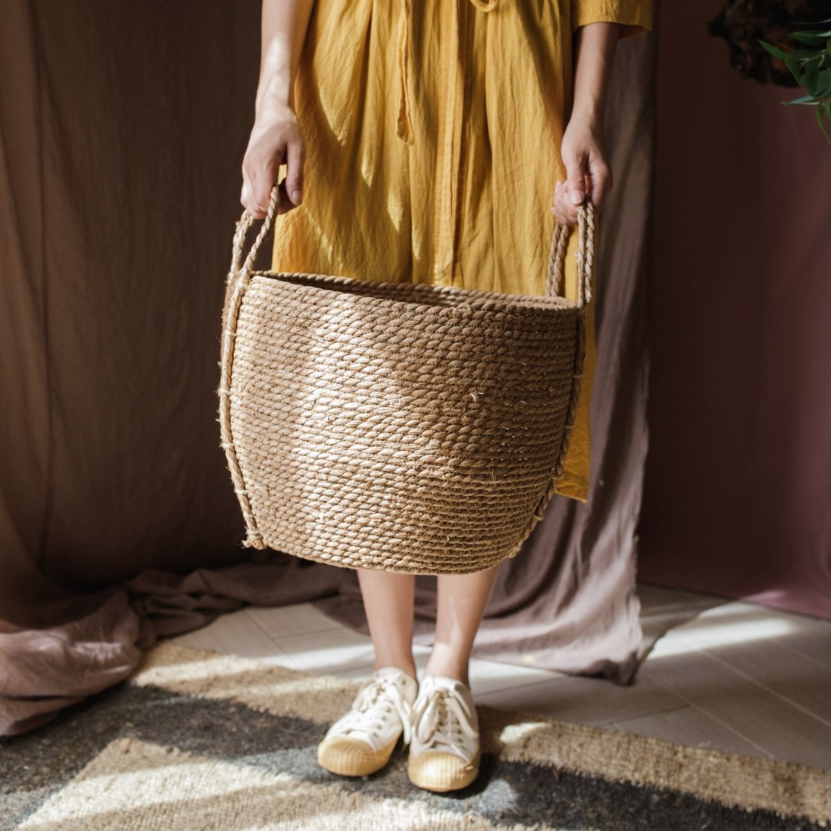 Straw basket with handles in khaki brown by RusticReach, large woven tote on Tampa Home & Garden Store