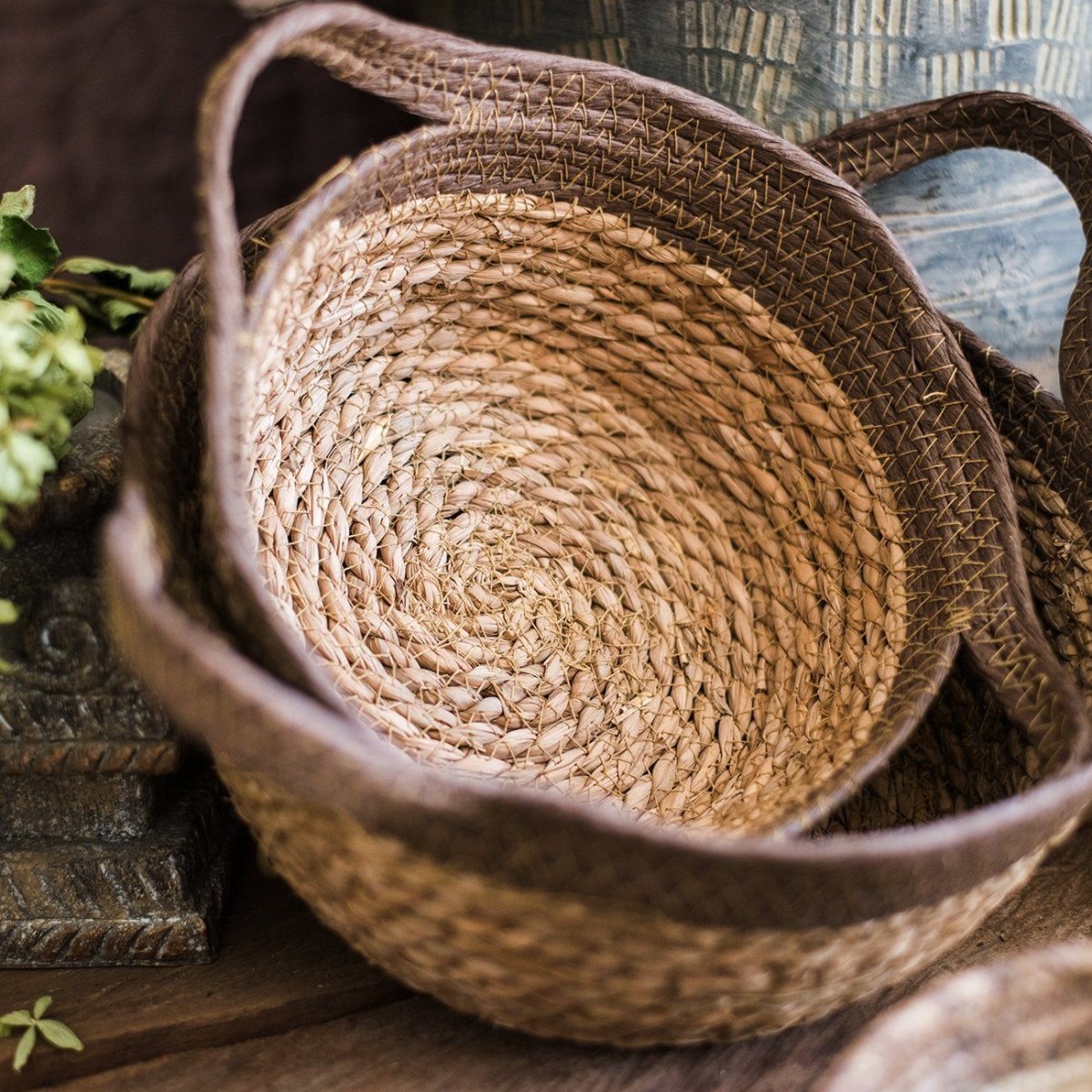 Khaki brown straw basket with handles, round woven interior, rustic style on Tampa Home & Garden Store
