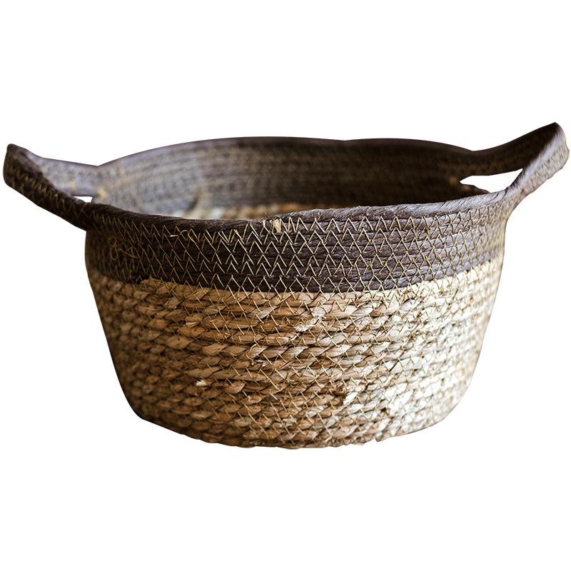 Khaki brown straw basket with handles by RusticReach, oval woven design on Tampa Home & Garden Store
