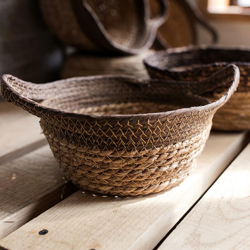 Khaki brown straw baskets with handles by RusticReach, set of 3 on Tampa Home & Garden Store