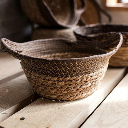 Khaki brown straw baskets with handles by RusticReach, set of 3 on Tampa Home & Garden Store
