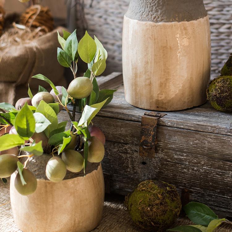 Two khaki coarse pottery jars with rustic finishes; greenery and fruit stems on weathered wood on Tampa Home & Garden Store