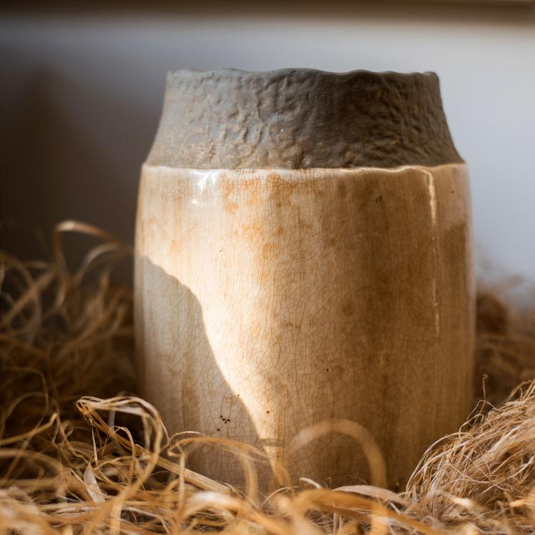 Khaki coarse pottery jar by RusticReach with crackled beige body and dark textured top rim on Tampa Home & Garden Store