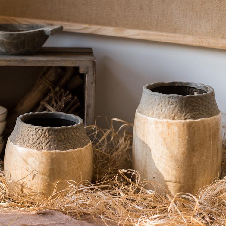 Khaki coarse pottery jars (2) by RusticReach with rough dark rims on straw backdrop on Tampa Home & Garden Store
