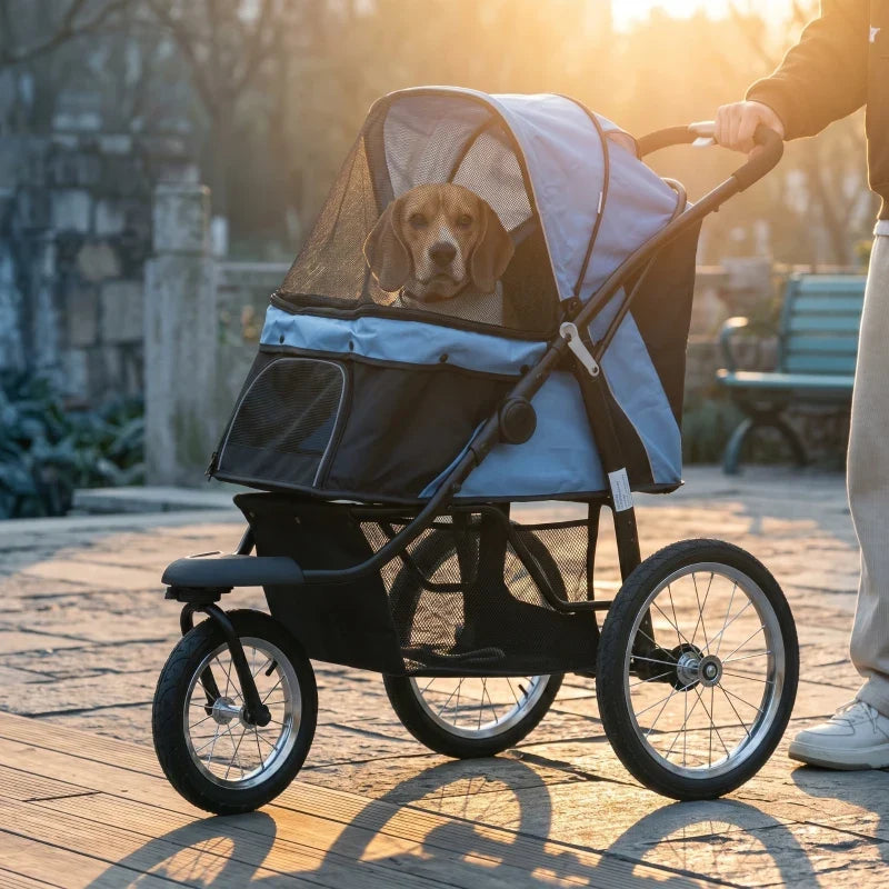 3-wheel pet stroller for small & medium dogs in blue-black with mesh canopy on Tampa Home & Garden Store