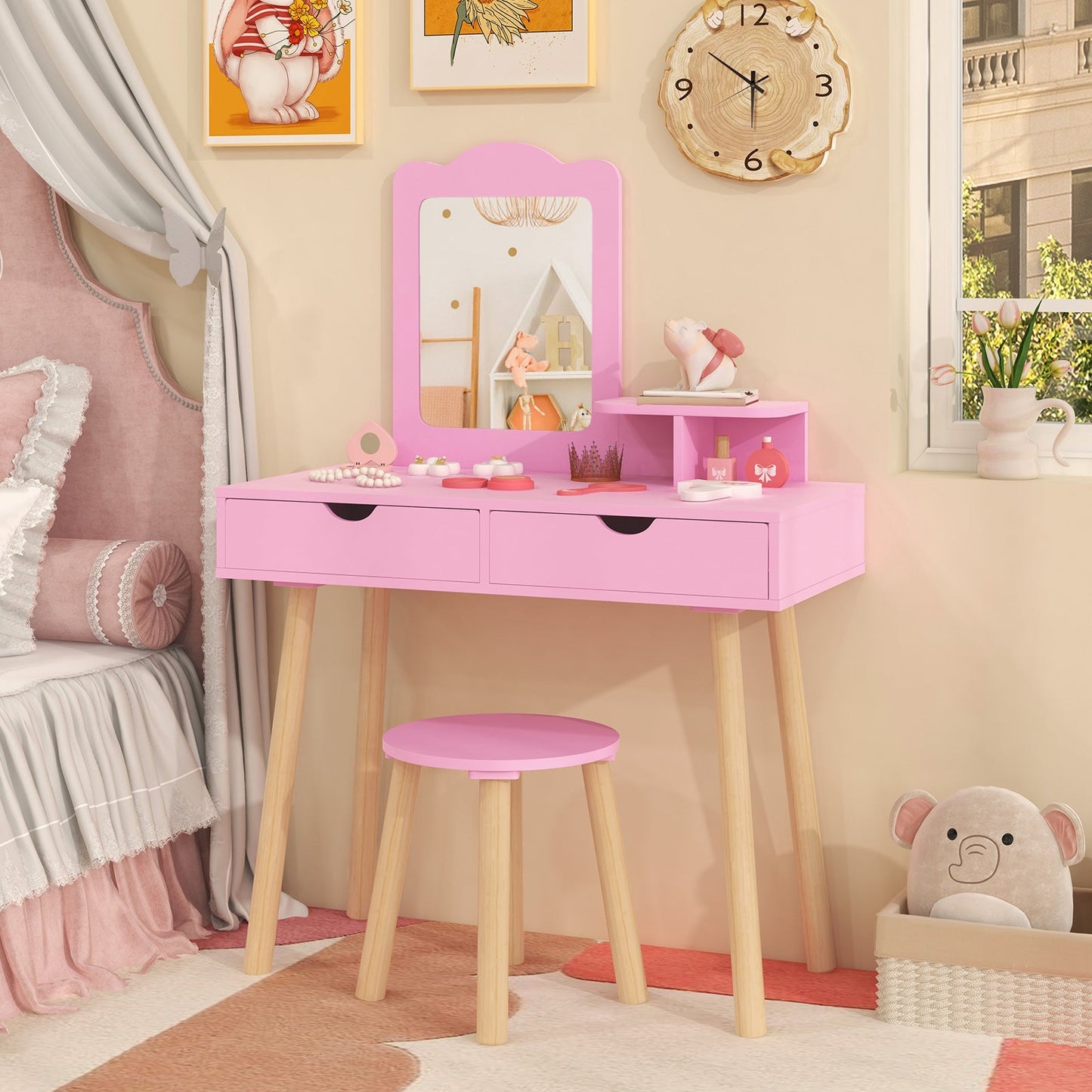 Kid Vanity Table Chair Set with Mirror and 2 Large Storage Drawers