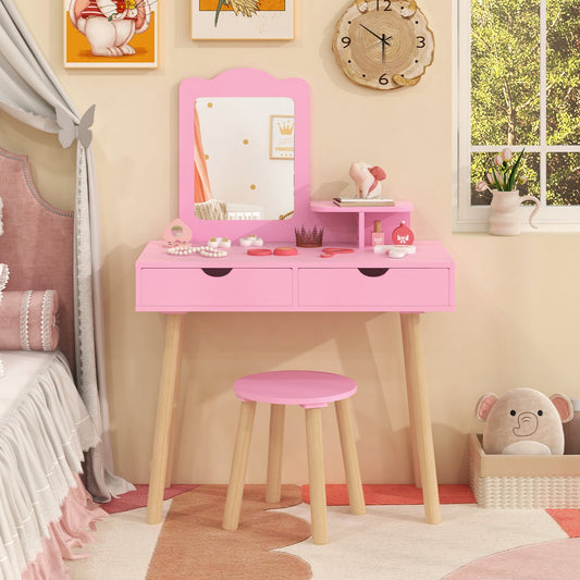 Kid Vanity Table Chair Set with Mirror and 2 Large Storage Drawers