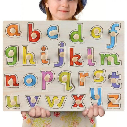 Wooden alphabet puzzle by Stevvex with colorful letters and knob pegs on a light board on Tampa Home & Garden Store
