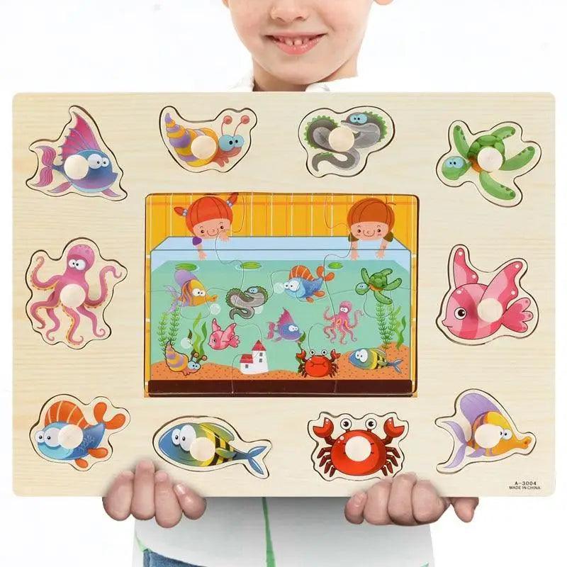 Kids 3D wooden puzzle with colorful ocean-edge pieces around a fish-tank scene for learning on Tampa Home & Garden Store