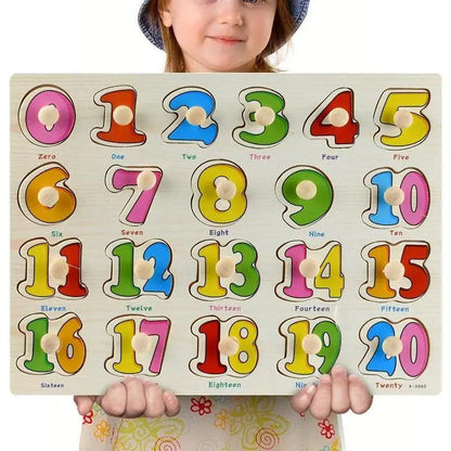 Kids wooden number puzzle board with colorful digits 0–20 and pegs for counting on Tampa Home & Garden Store