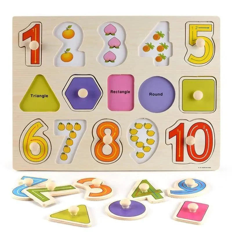 Wooden 3D puzzle set by Stevvex with colorful numbers 1-10 and shapes for early learning on Tampa Home & Garden Store