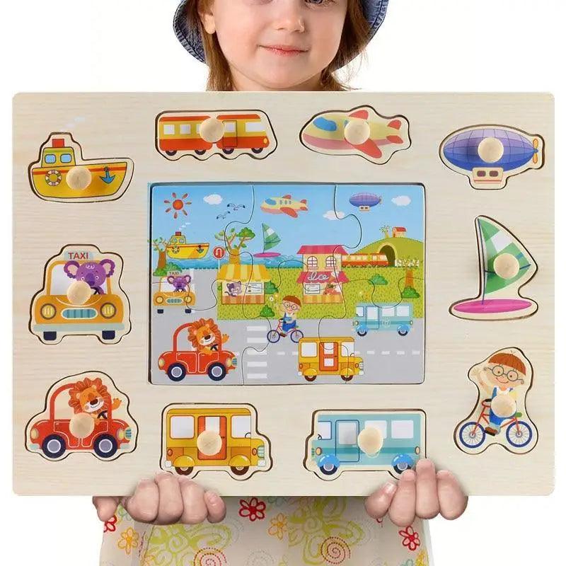 Stevvex kids 3D wooden puzzle with colorful geometry shapes around a central city scene on Tampa Home & Garden Store