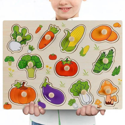 Wooden kids 3D puzzle board with colorful vegetable shapes and knobs for early learning on Tampa Home & Garden Store
