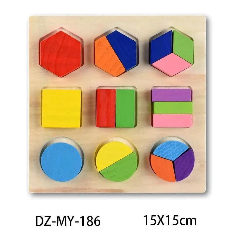 Stevvex kids 9-piece wooden 3D puzzle set with colorful geometric shapes on Tampa Home & Garden Store