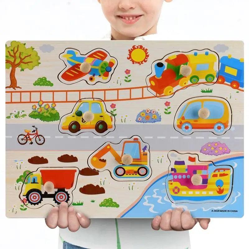 Kids wooden 3D puzzle board with colorful vehicle shapes for early learning Stevvex toy on Tampa Home & Garden Store