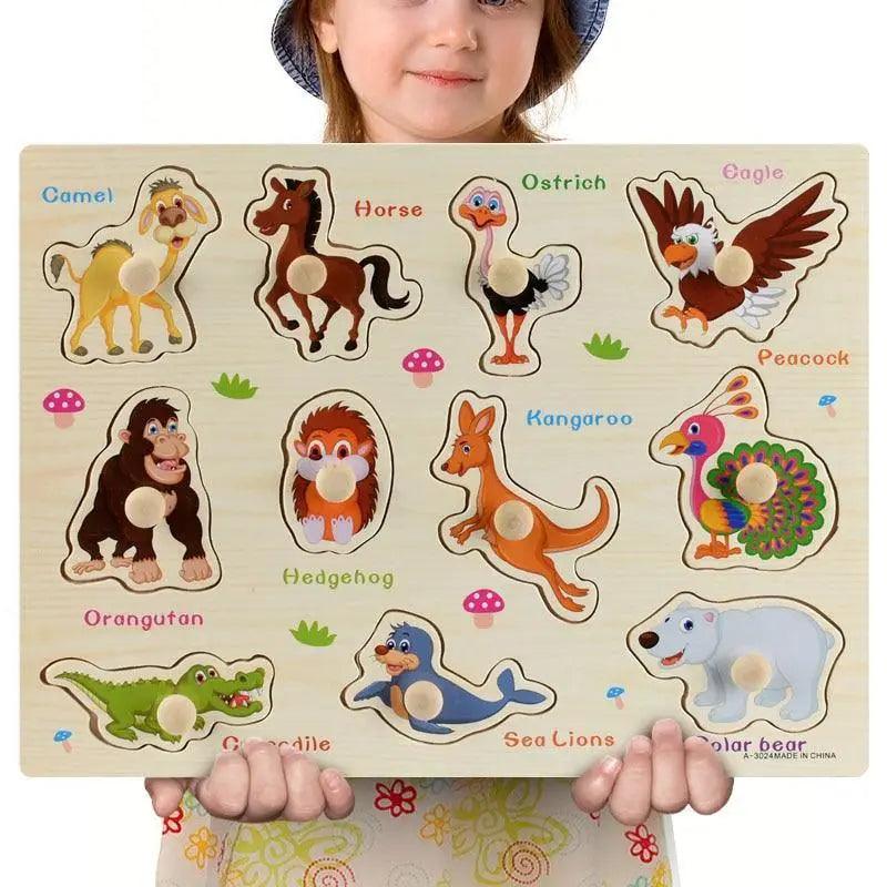 Kids wooden 3D puzzle board by Stevvex with multiple colorful animal shapes and knob pegs on Tampa Home & Garden Store