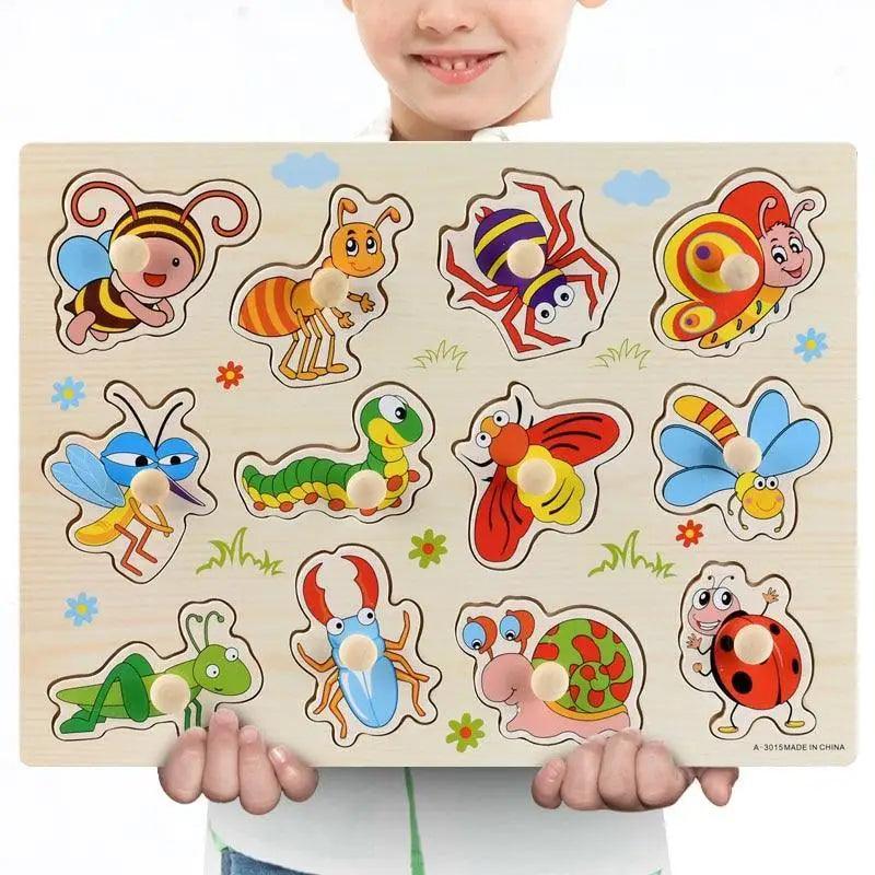 Wooden kids 3D puzzle board with colorful animal shapes and knobs for early learning on Tampa Home & Garden Store