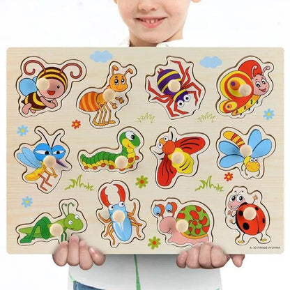 Wooden kids 3D puzzle board with colorful animal shapes and knobs for early learning on Tampa Home & Garden Store