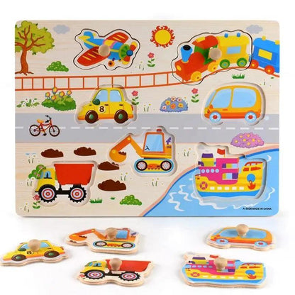 Kids 3D wooden puzzle with colorful vehicle shapes on a learning board; 6 pieces on Tampa Home & Garden Store