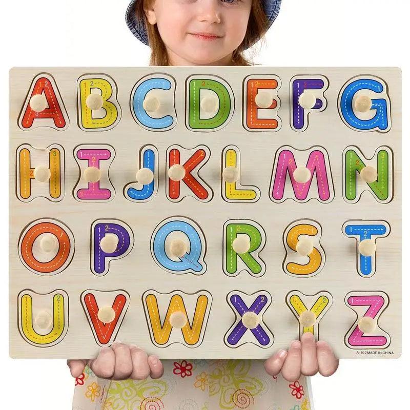 Kids 3D wooden alphabet puzzle board by Stevvex with colorful letter shapes and pegs on Tampa Home & Garden Store