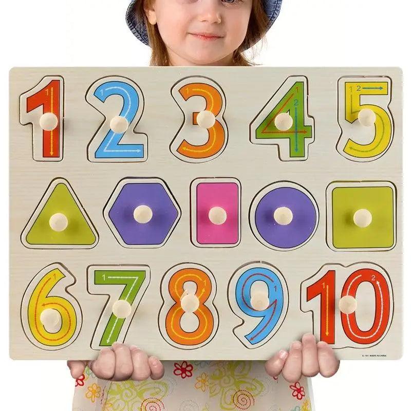 Stevvex 15-piece wooden kids puzzle with colorful numbered tiles 1–10 and geometric shapes on Tampa Home & Garden Store
