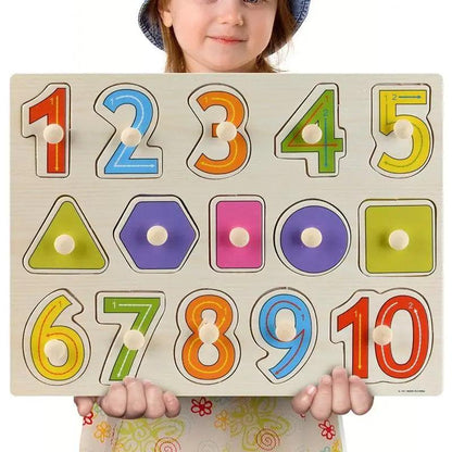 Stevvex 15-piece wooden kids puzzle with colorful numbered tiles 1–10 and geometric shapes on Tampa Home & Garden Store