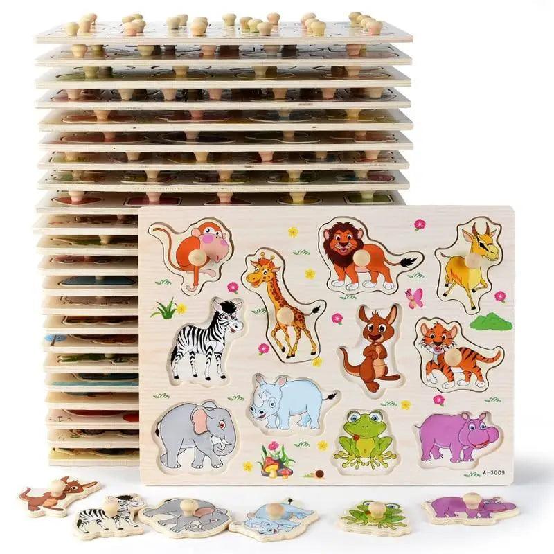 Kids wooden 3D puzzle set with colorful animal stickers on natural wood board Stevvex on Tampa Home & Garden Store