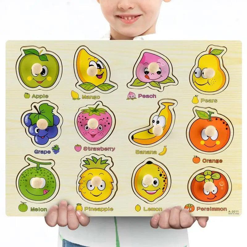 Stevvex Kids 3D Wooden Fruit Puzzle with 12 colorful fruit shapes and pegs on Tampa Home & Garden Store