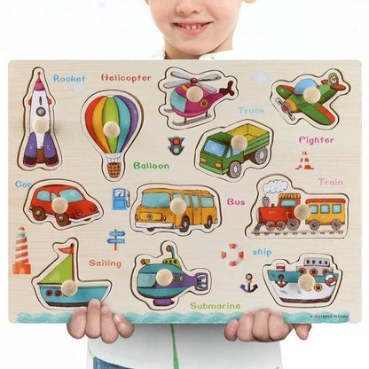 Kids 3D wooden puzzle board with colorful vehicle shapes and knobs by Stevvex on Tampa Home & Garden Store